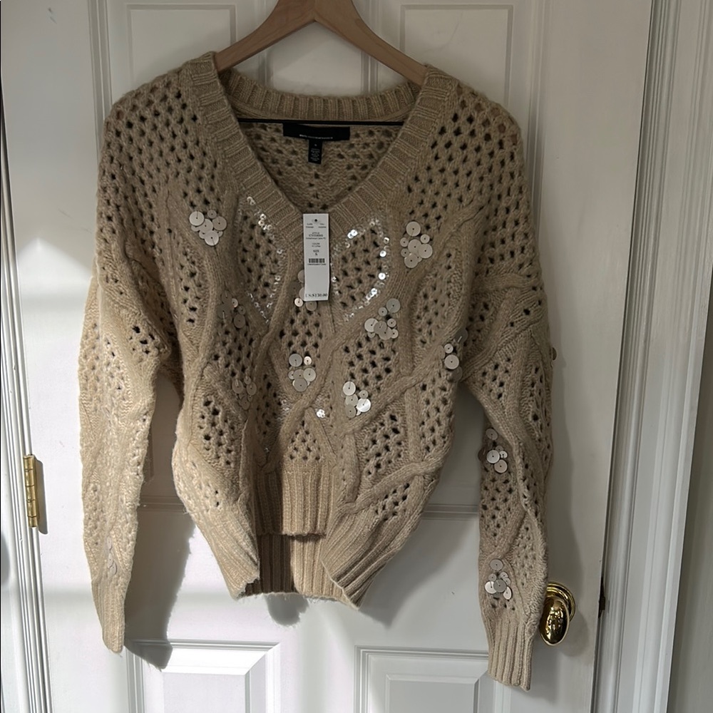White House Black Market Embellished V-Neck Sweater with Sequins.  Small-coffee